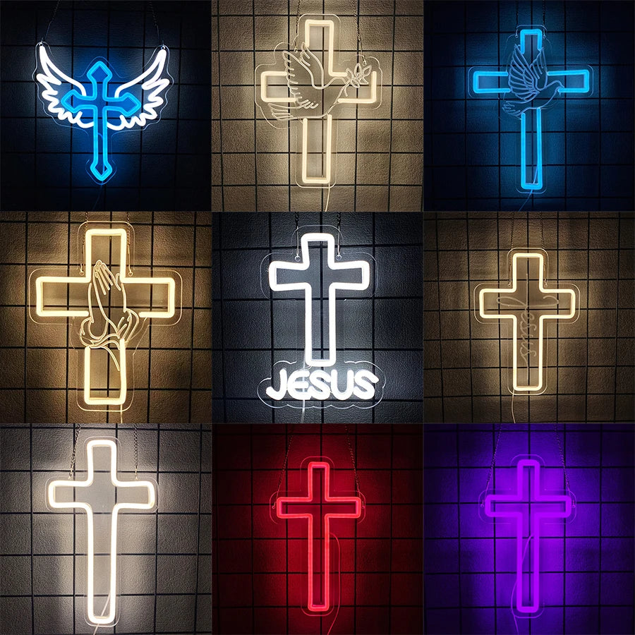 neon cross sign for wall